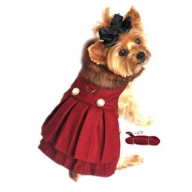 Wool Fur-Trimmed Dog Harness Coat by Doggie Design- Burgundy (size: X-Small)